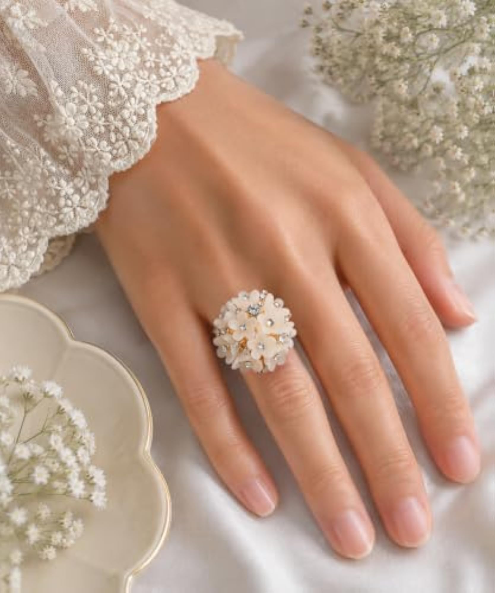 Ivory Bouquet Crystal Enamel White Ring